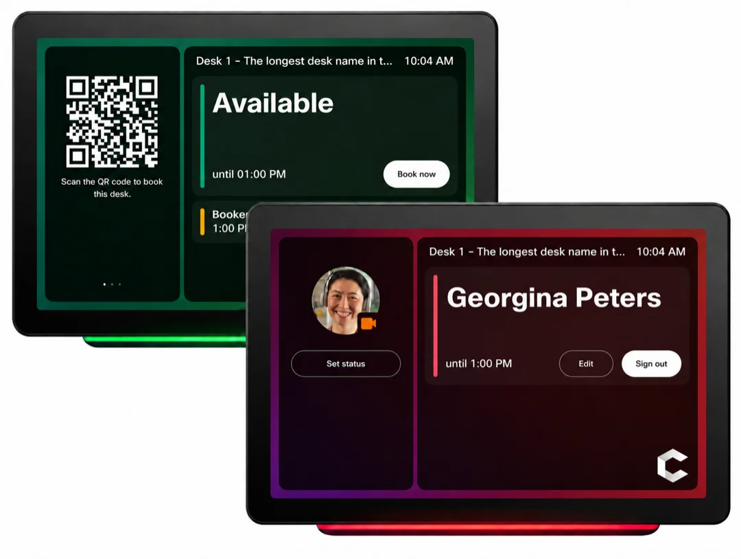 Room Navigator desk-booking screens showing an available desk with a QR code and a signed-in user